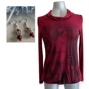 Motivi Burgundy Stretch Shirt Retro design Top sz M & Handcrafted Earrings gift